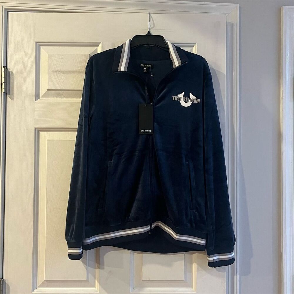 True Religion Men's Varsity Jacket Size S Blue Full Zip Casual velour